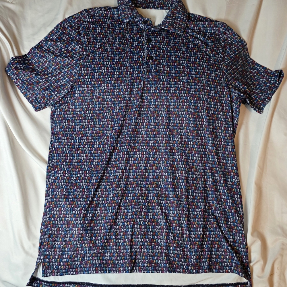 Dancing Skelons Patterned Polo Shirt Size Medium